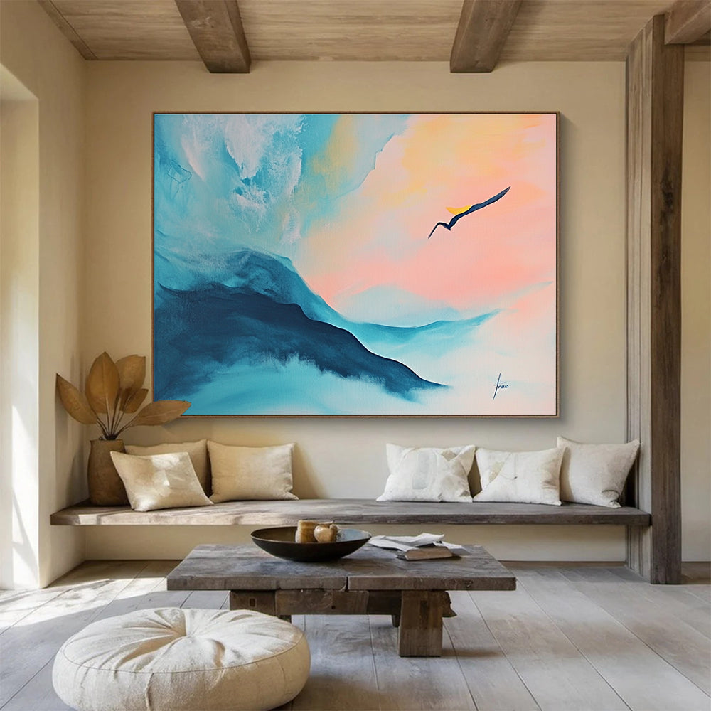 Pastel Mountain - Bird Landscape Art Evoking Ethereal Beauty and Gentle Motion Abstract Painting ABS145