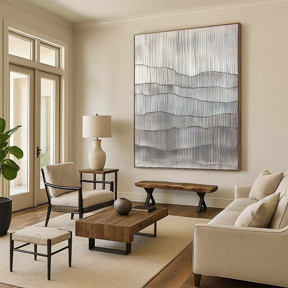 Wavy Line Textures Abstract Painting of Monochromatic Rhythms GAB0138