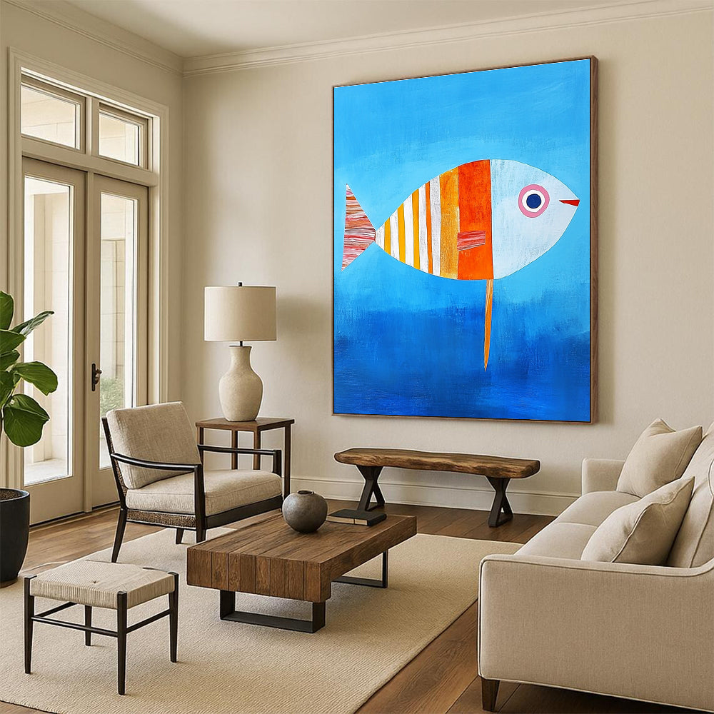 Colorful Patchwork Fish Whimsical Marine Abstract Painting GAB0344