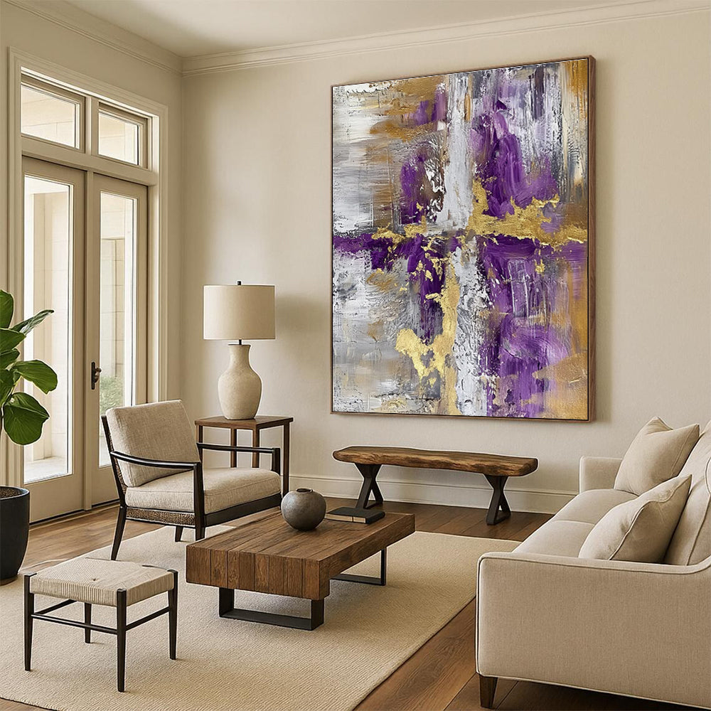 Purple - Gold - Gray Abstract Cross Painting for Contemporary Religious Spaces HENG135