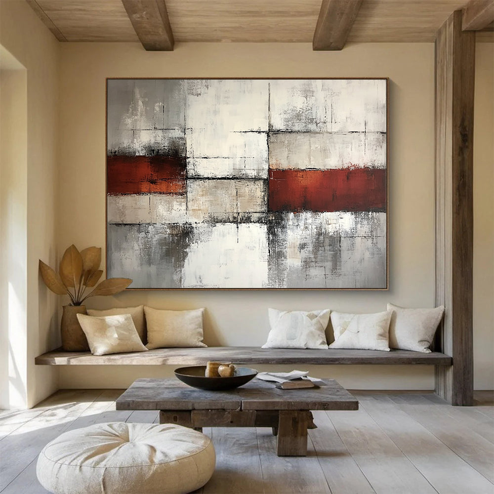 Gray, White, and Red Abstract Painting ABS589