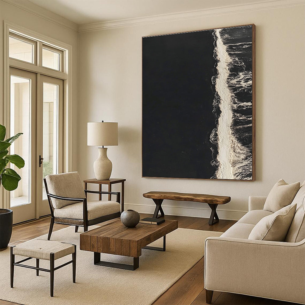 Black and White Wave Contrast Abstract Painting of Minimalist Motion GAB0181