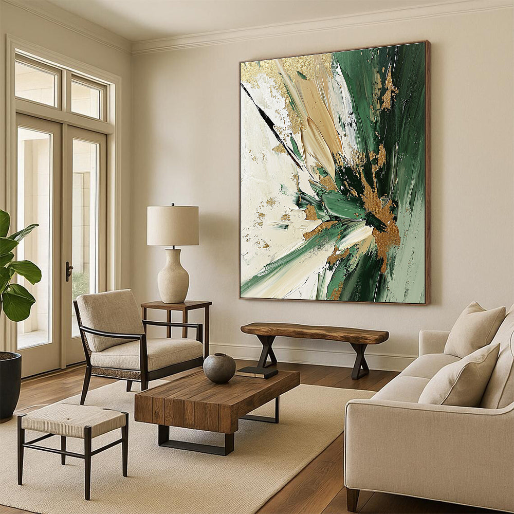Textured Abstract Painting with Green and Gold Palette GAB0668
