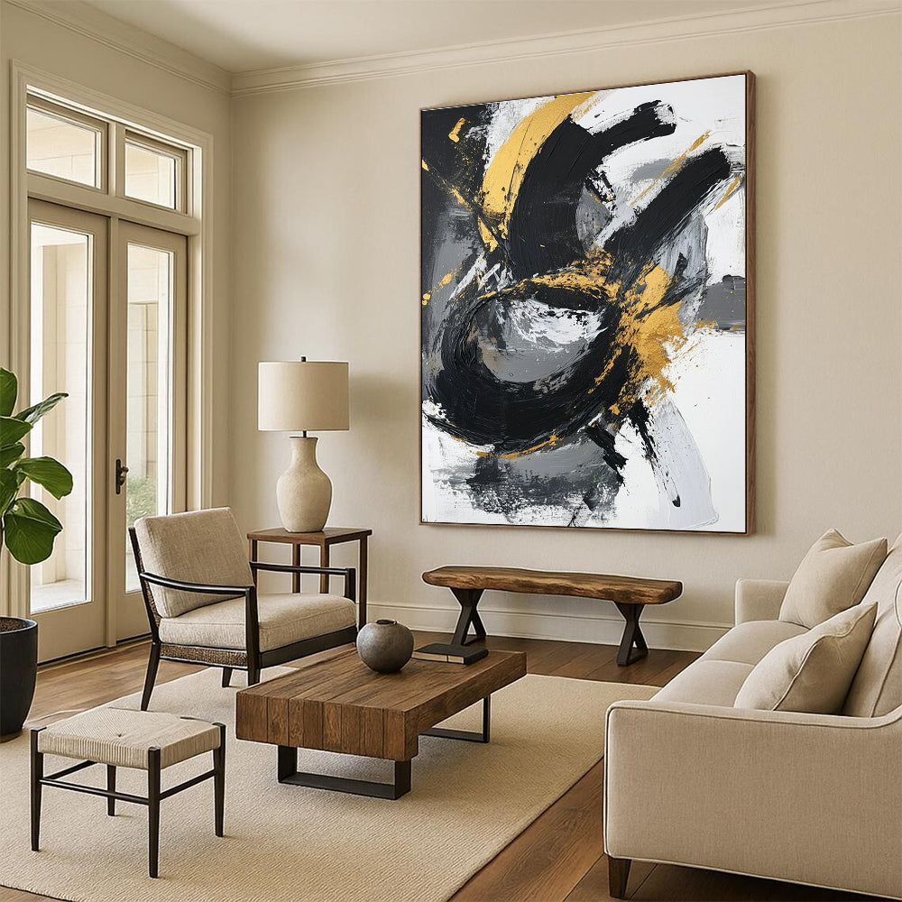 Gold - Black Abstract Swirl Painting with Elegant Movement WINK367