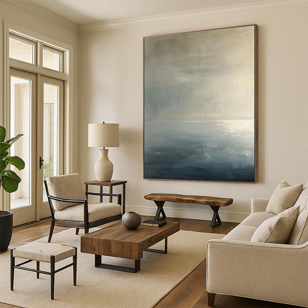 Subtle Monochromatic Sea Abstract Painting for Serene Bedrooms HENG299