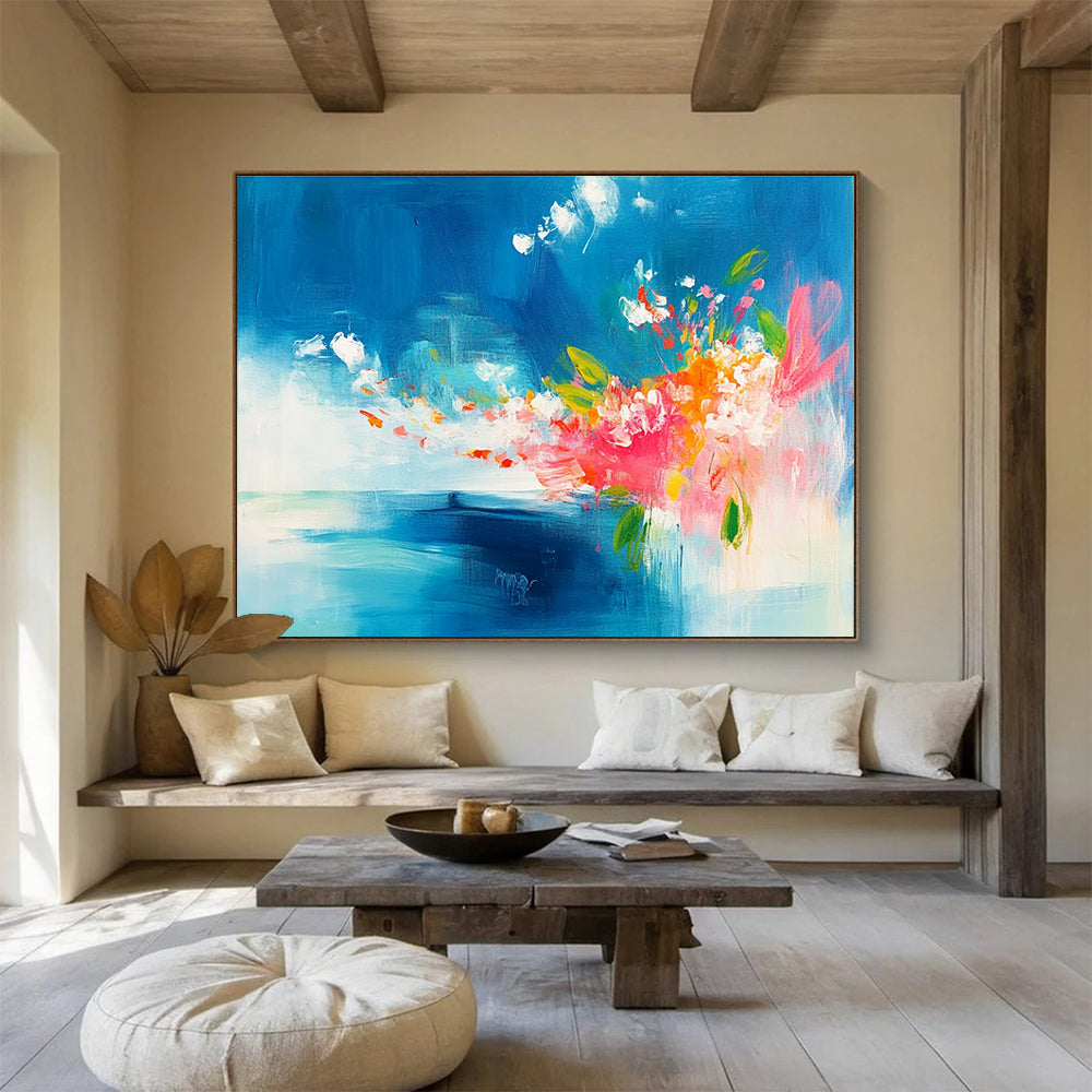 Blue Sky and Colorful Flowers Abstract Painting with Expressive Brushwork ABS394