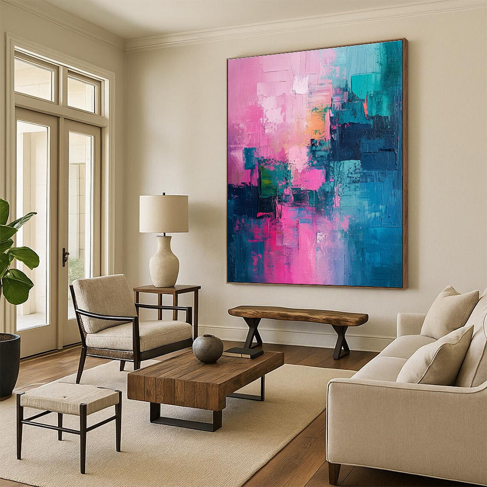 Soft Pink and Teal Abstract Painting for Bedroom Retreats HENG061