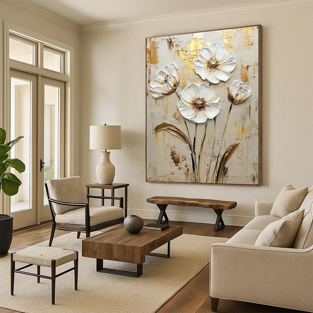 Gold and White Flowers Abstract Painting for Romantic - Themed Weddings GAB0998