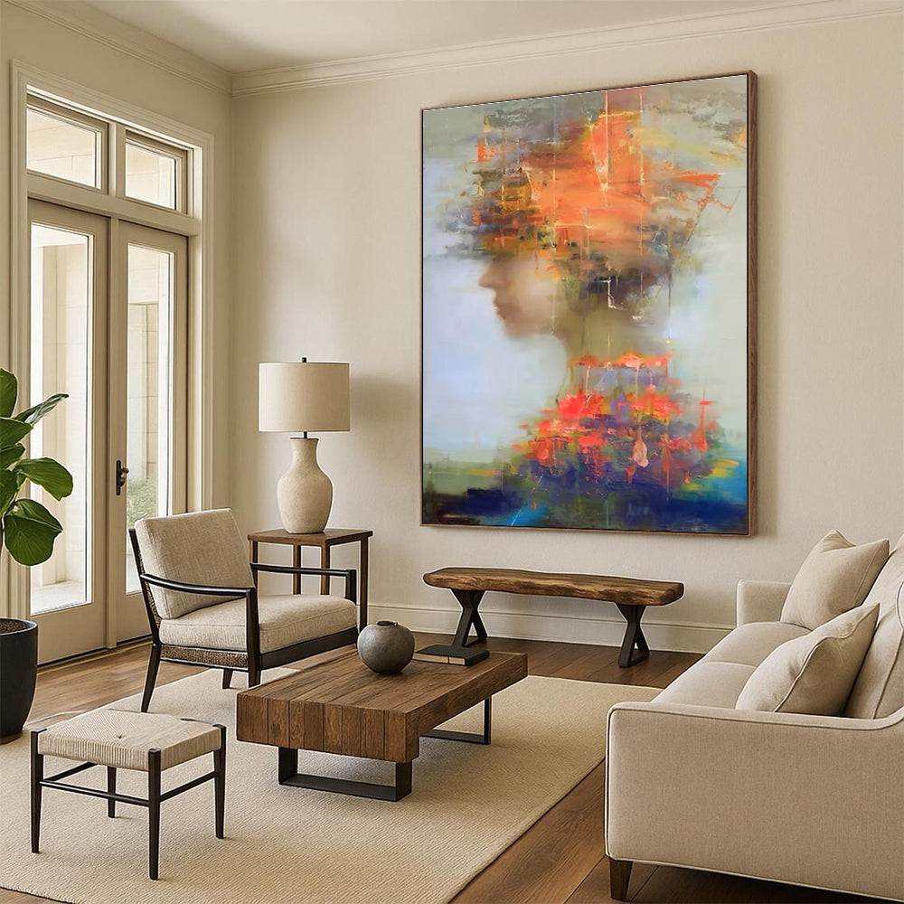 Abstract Figure with Colorful Overlays Painting for Expressive Interiors HENG318