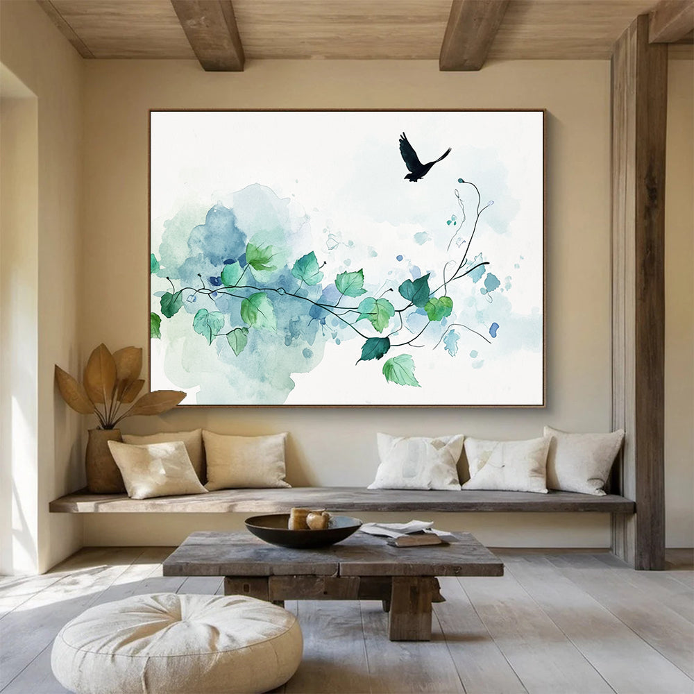 Watercolor Vine and Bird: Serene Nature’s Simplicity Abstract Painting ABS159