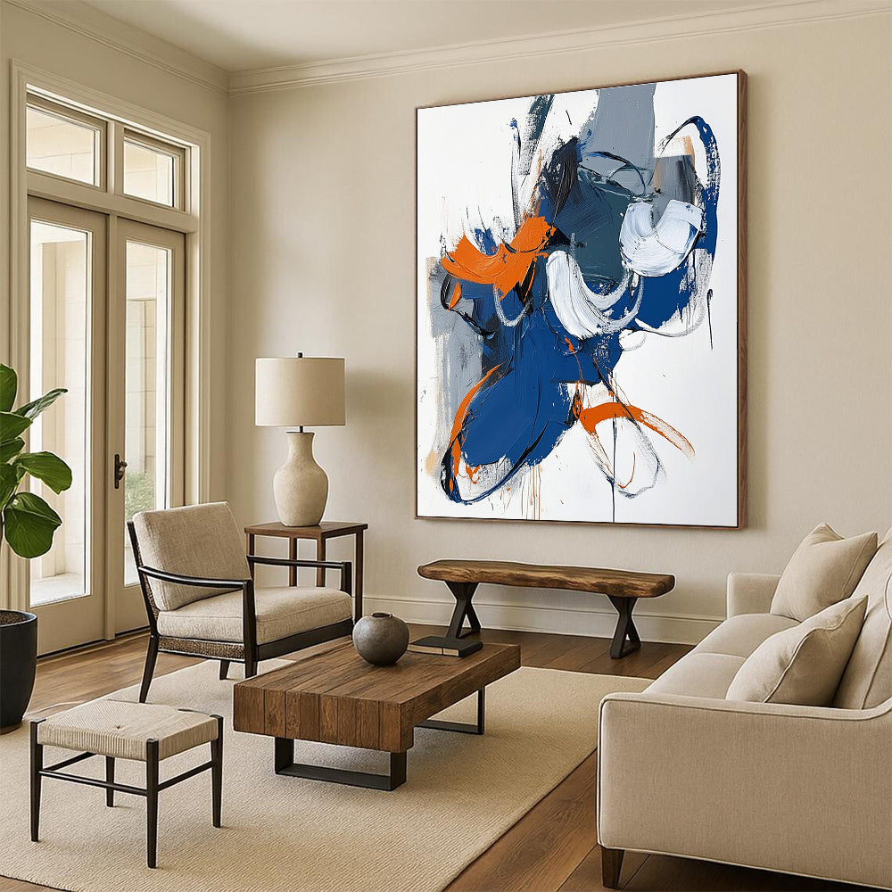 Blue Orange White Abstract Painting with Playful Brushstrokes WINK595