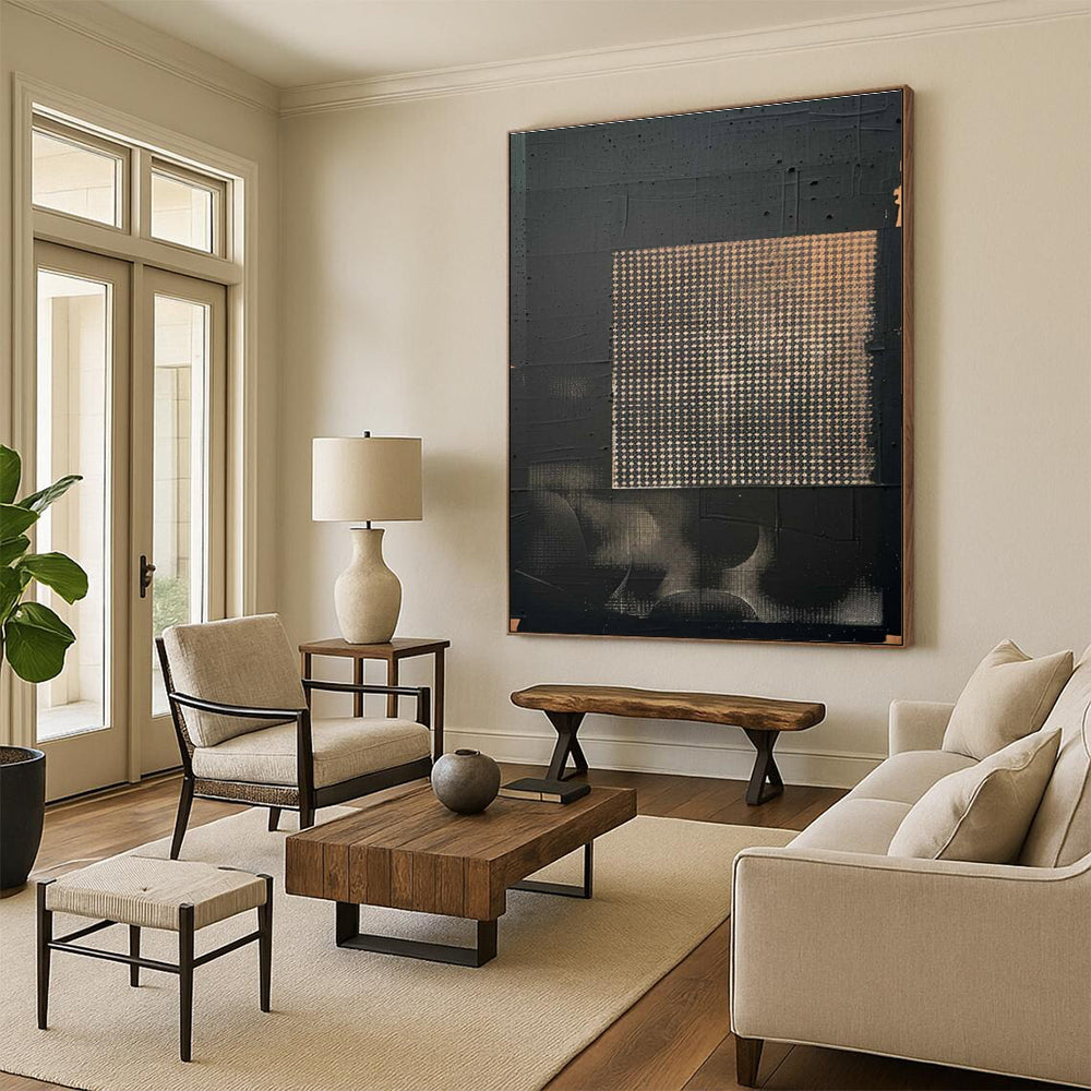 Black and Gold Grid Abstract Painting for Contemporary Art Spaces HENG306