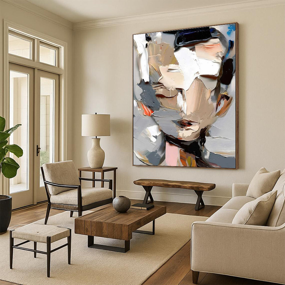 Abstract Portrait with Layered Paints Painting for Contemporary Art Spaces HENG320