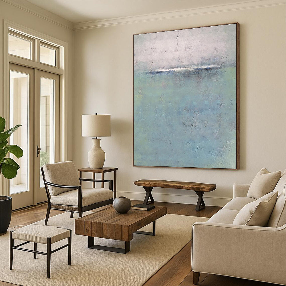 Subtle Toned Abstract Seaside Horizon Abstract Painting for Serene Home Offices HENG354
