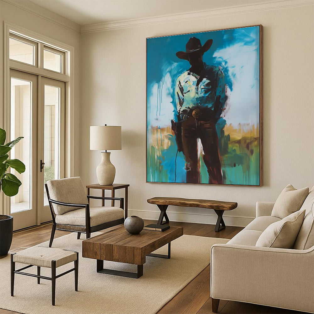 Silhouetted Cowboy Abstract Painting for Western - Themed Bars HENG102