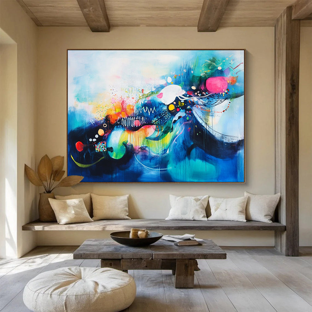 Blue - themed Colorful Abstract with Whimsical Elements Abstract Painting ABS383