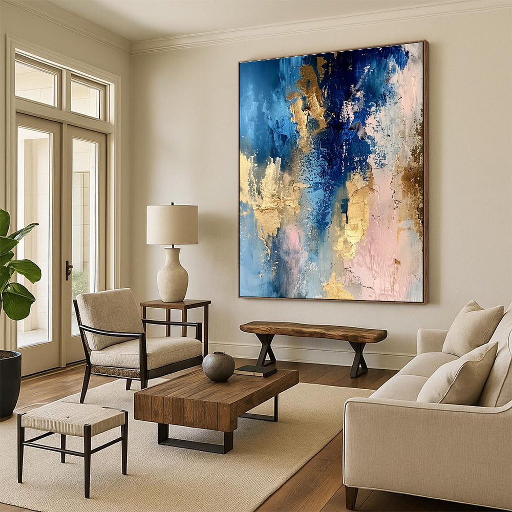 Blue - Gold - Pink Abstract Fusion Painting for Art Deco Living Spaces HENG072