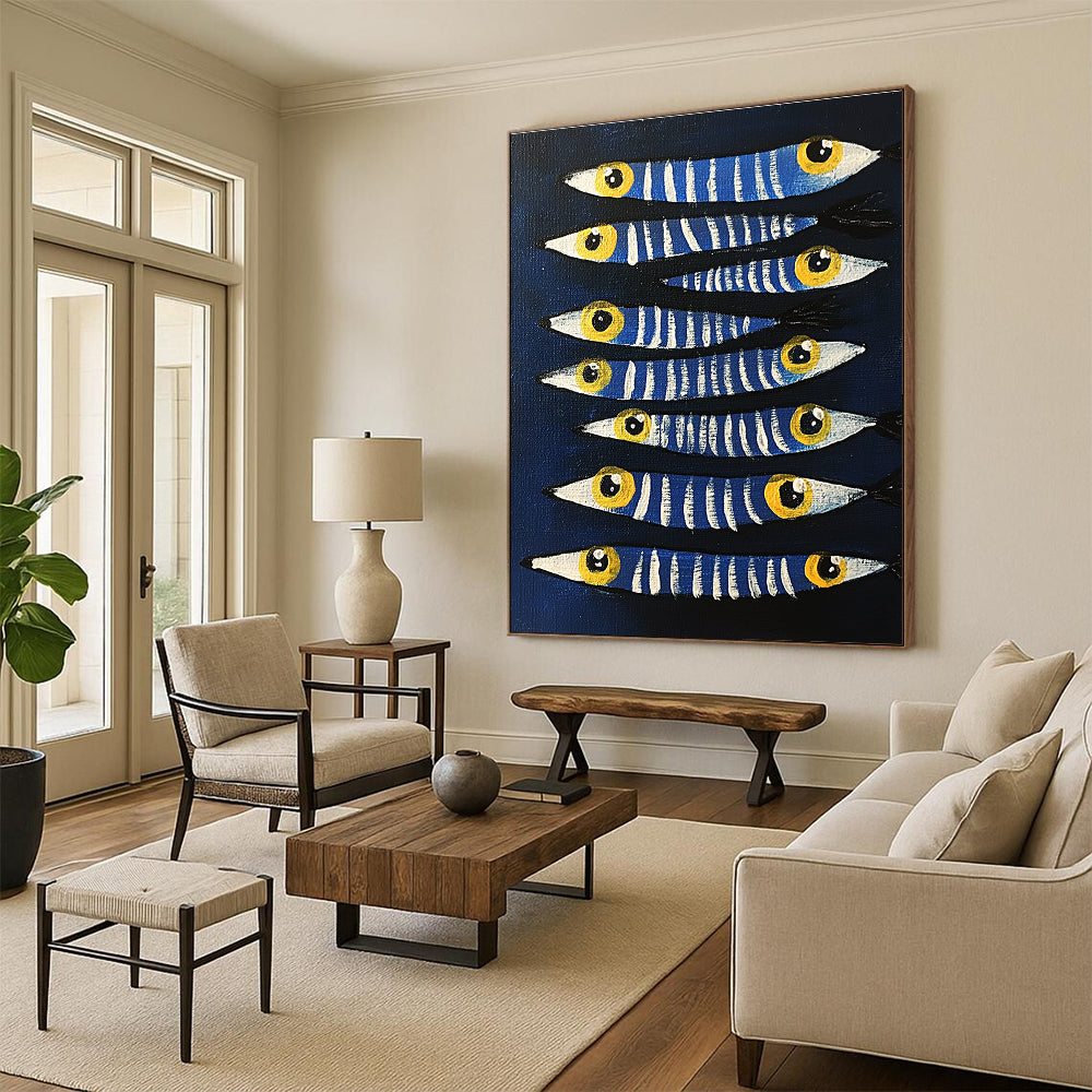 Blue Striped Fish Whimsical Marine Abstract Painting GAB0331