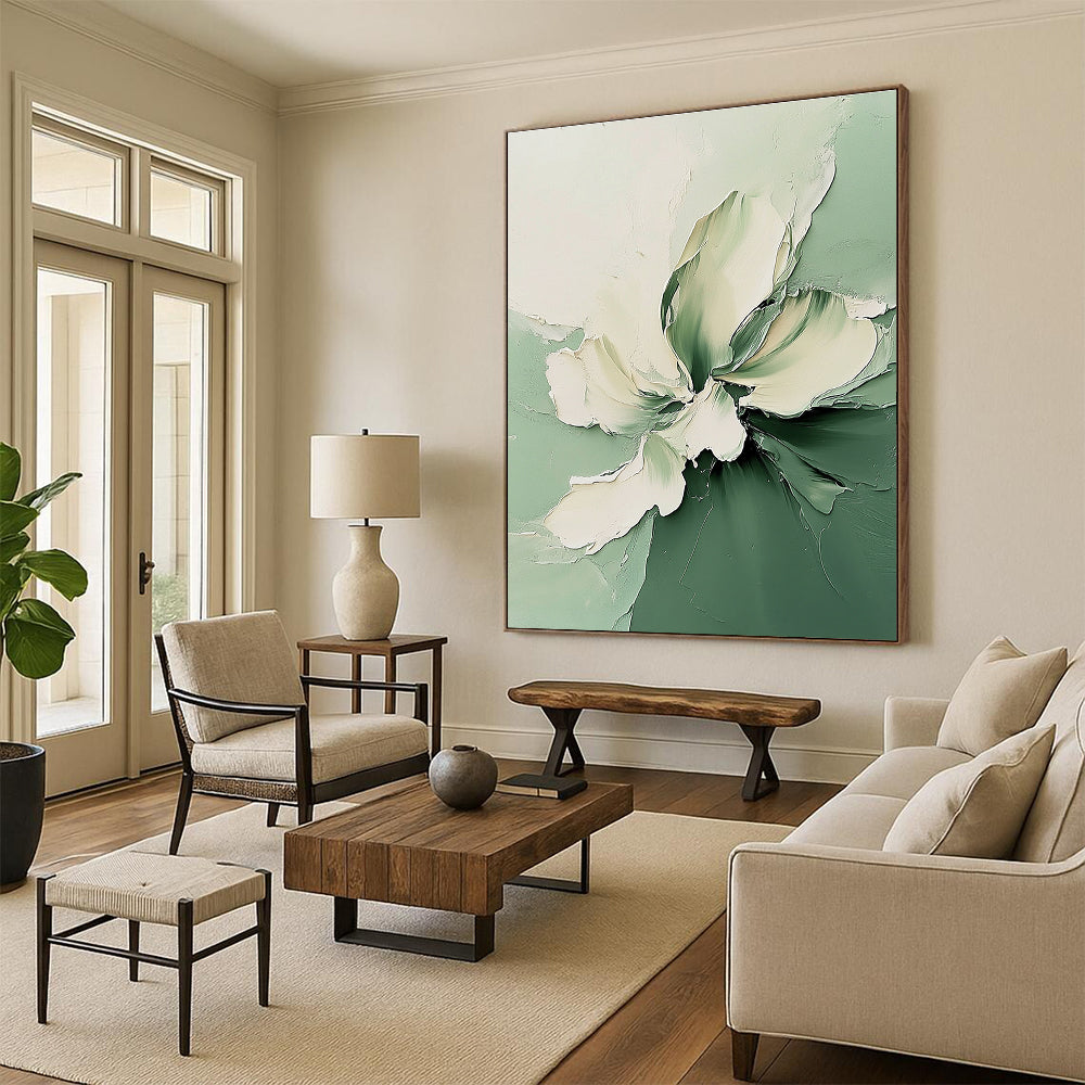 Green and White Flower Abstract Painting for Fresh Interiors GAB0709