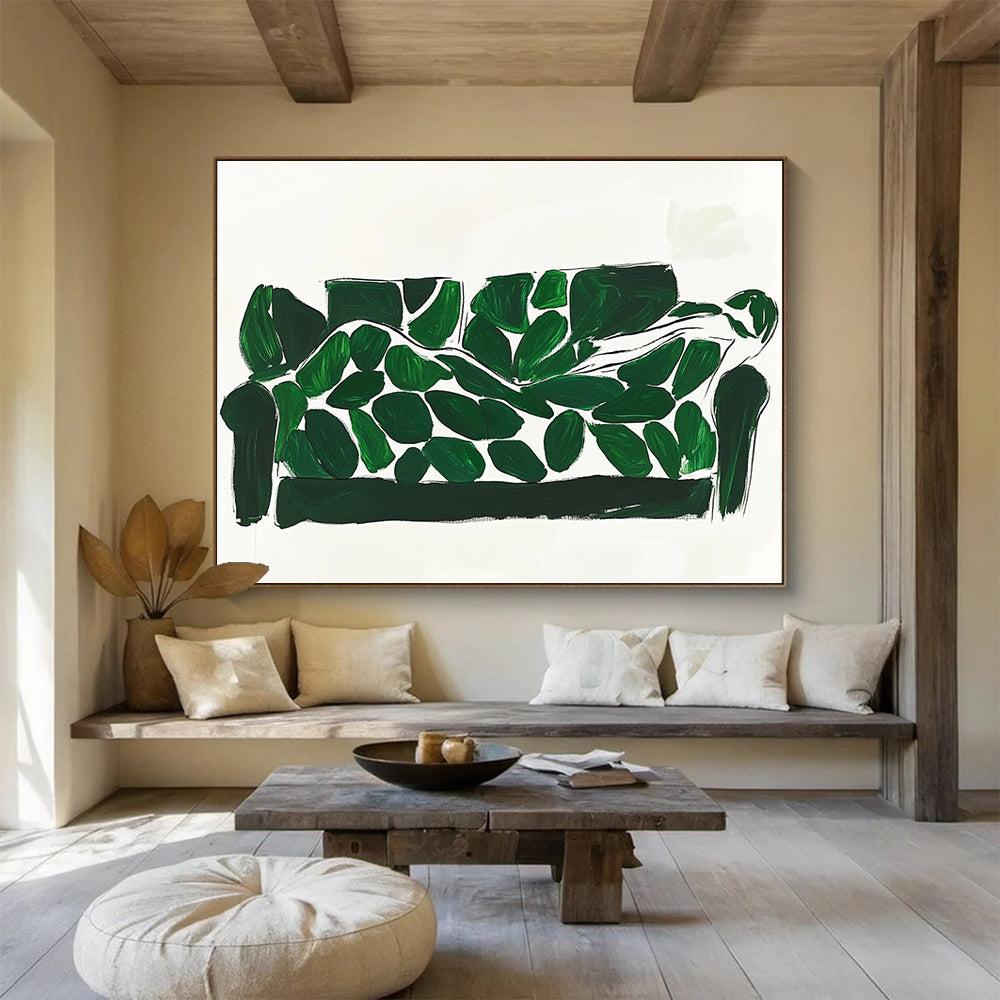 Whimsical Green Leaf Sofa Art Merging Daily Life and Creativity, Adding Playful Flair Abstract Painting ABS142