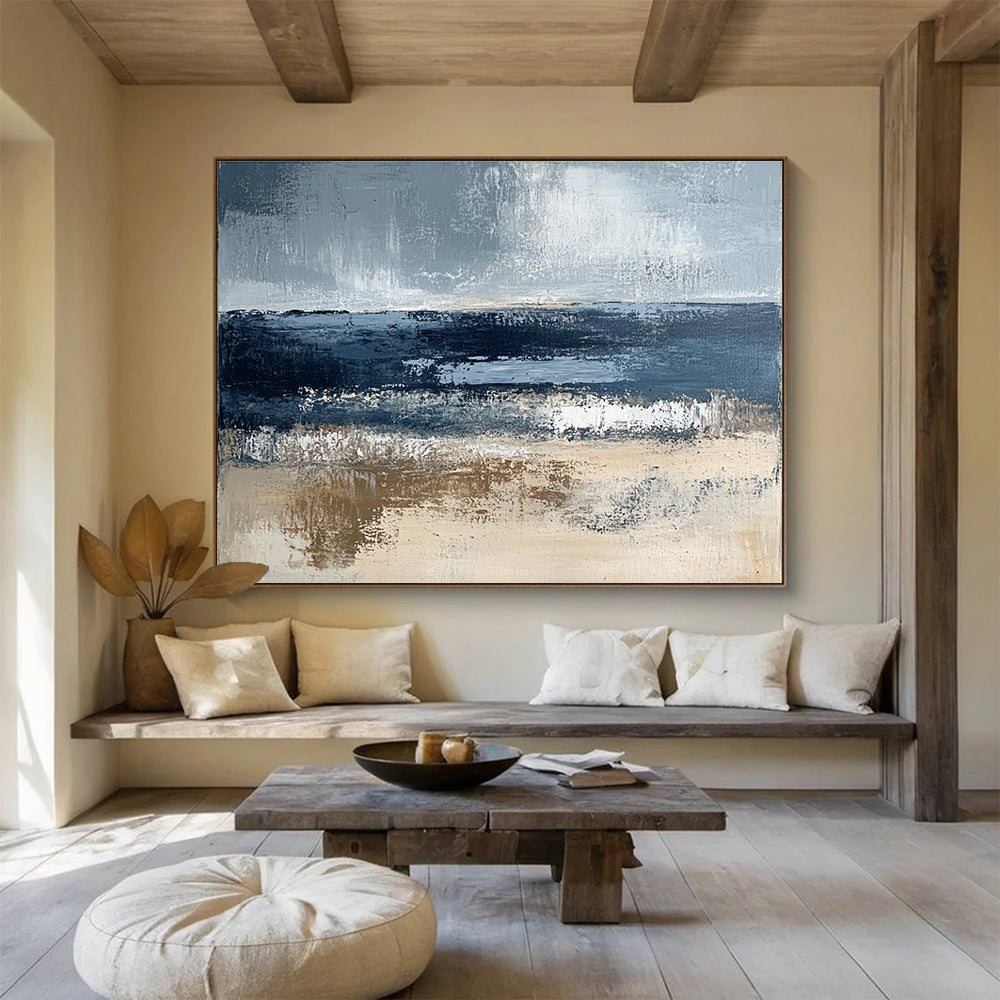 Gray and Blue Abstract Coast with Textured Sea and Sand Abstract Painting ABS362