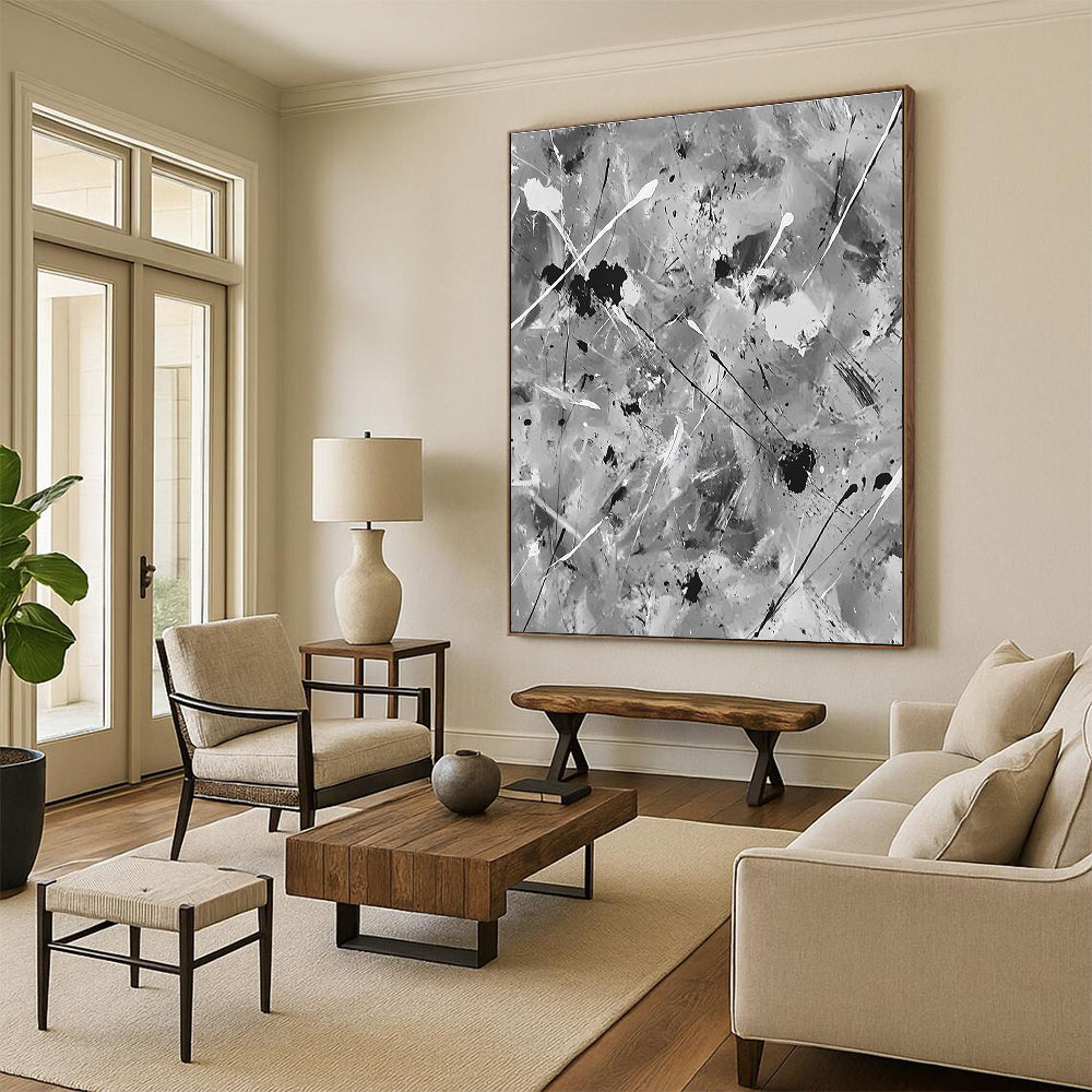 Black and White Splatter Abstract Painting with Dynamic Chaos WINK106