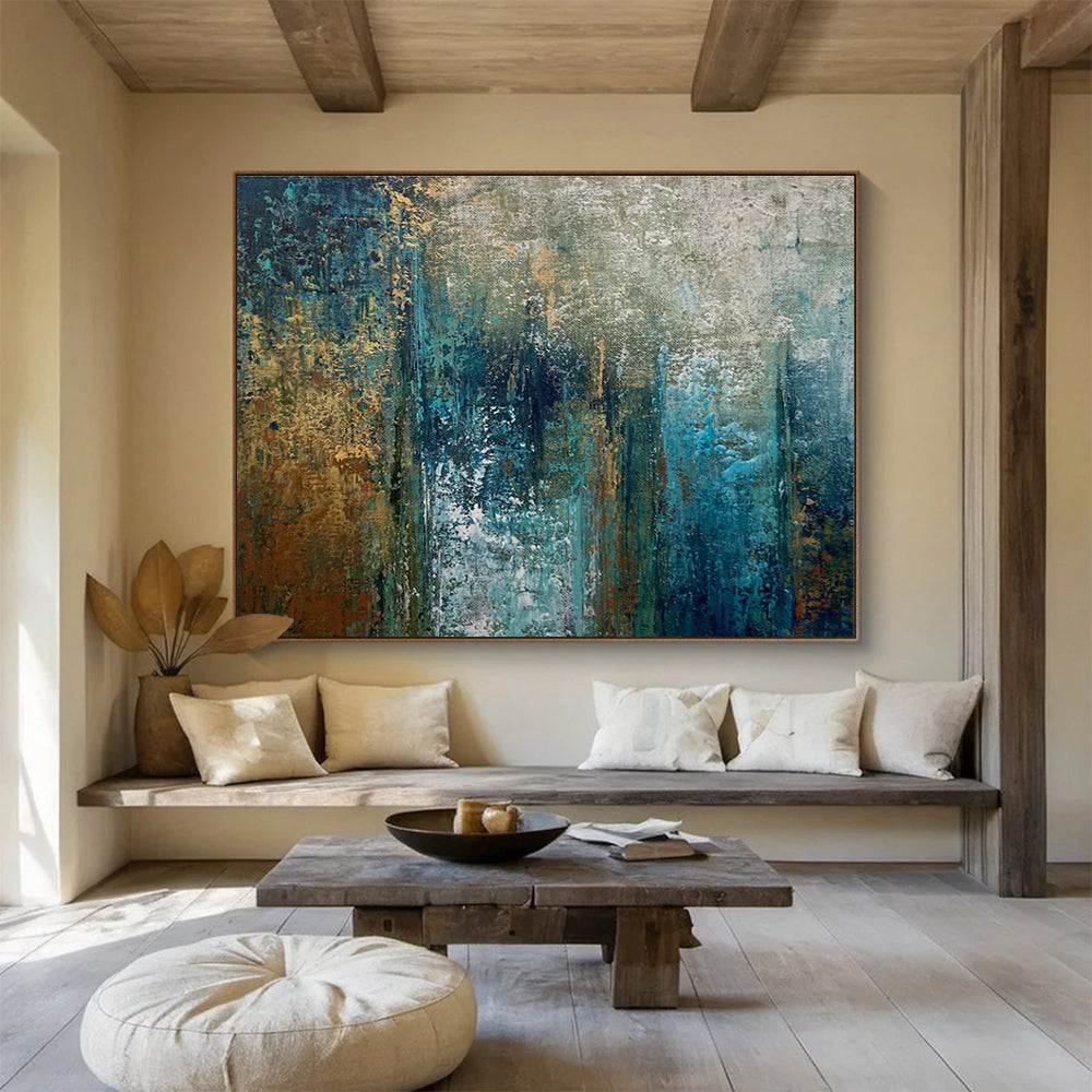Teal and Gold Abstract Layers Painting for Modern Beach Houses YHT337