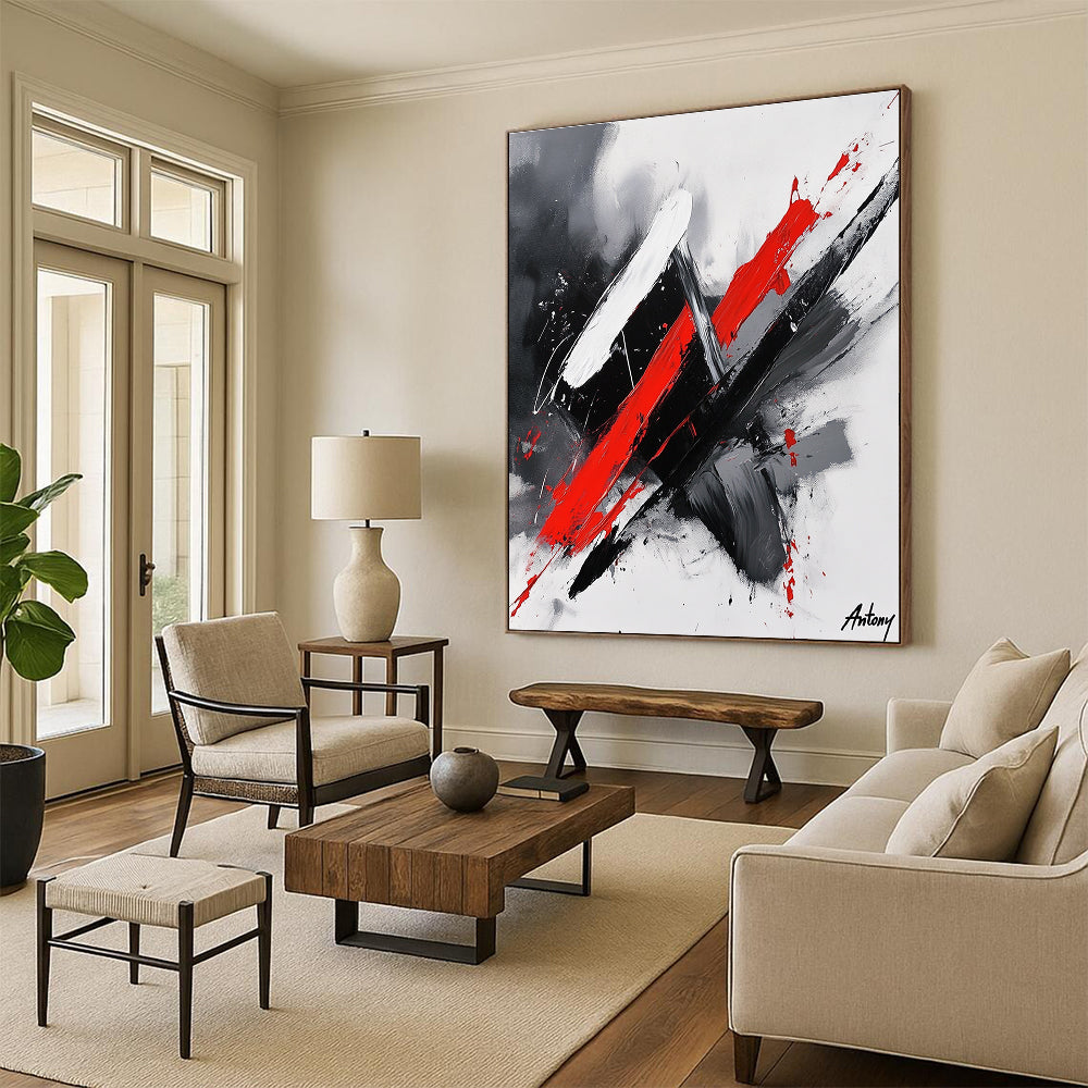 Red, Black, and White Dynamic Strokes Abstract Painting with Energetic Flair WINK245