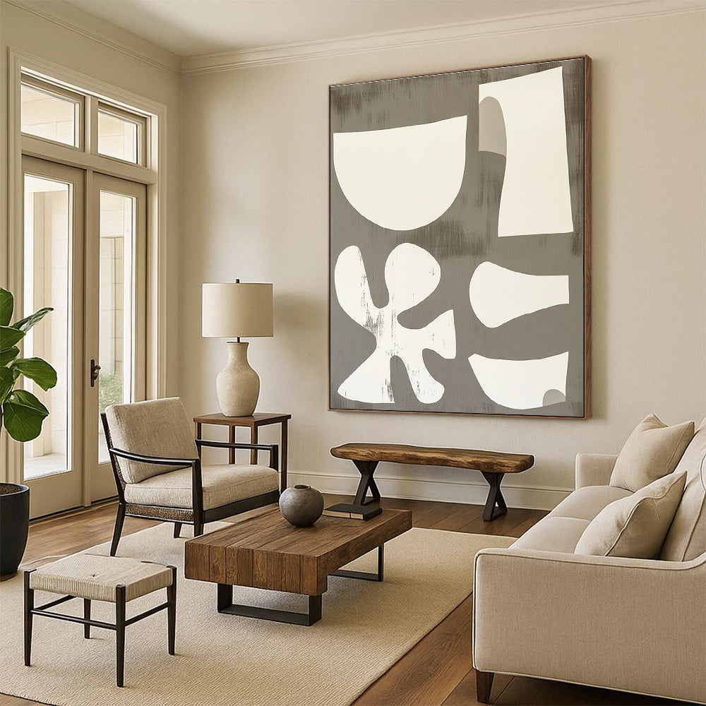 White Shapes on Gray Playful Abstract Painting for Creative Spaces GAB1539