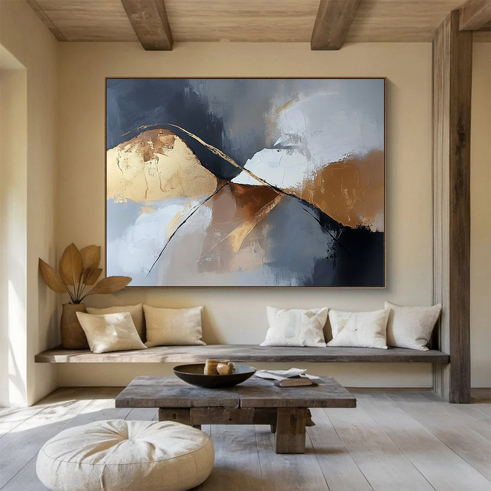 Gold - Accented Mountain Abstract Painting with Dramatic, Minimalist Peaks ABS485