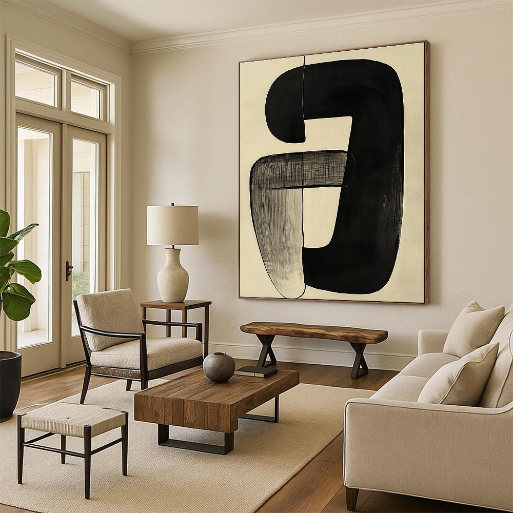 Curved Black Forms on Beige Abstract Painting with Subtle Flow WINK012