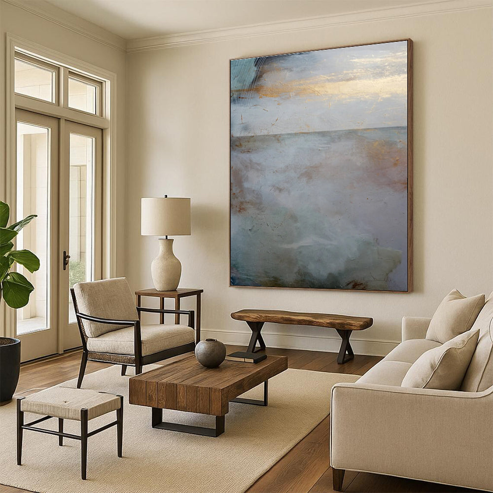 Subtle Gold - Accented Landscape Abstract Painting for Serene Hotel Lobbies HENG173