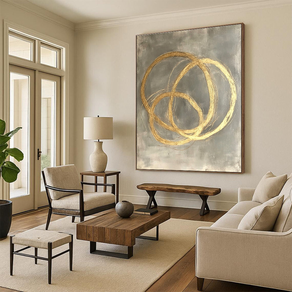 Gold Circles on Gray Abstract Painting with Elegant Overlaps WINK270