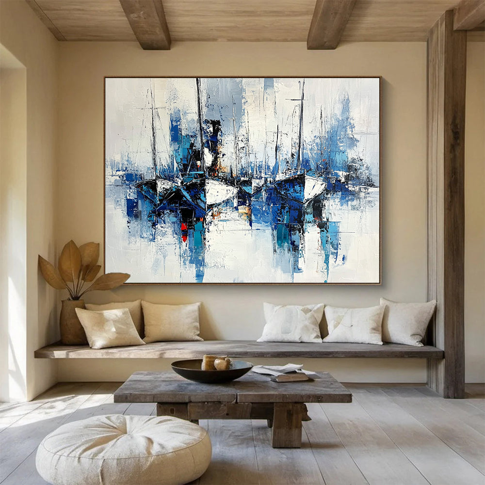 Blue - Toned Harbor Boats Scene Abstract Painting ABS191