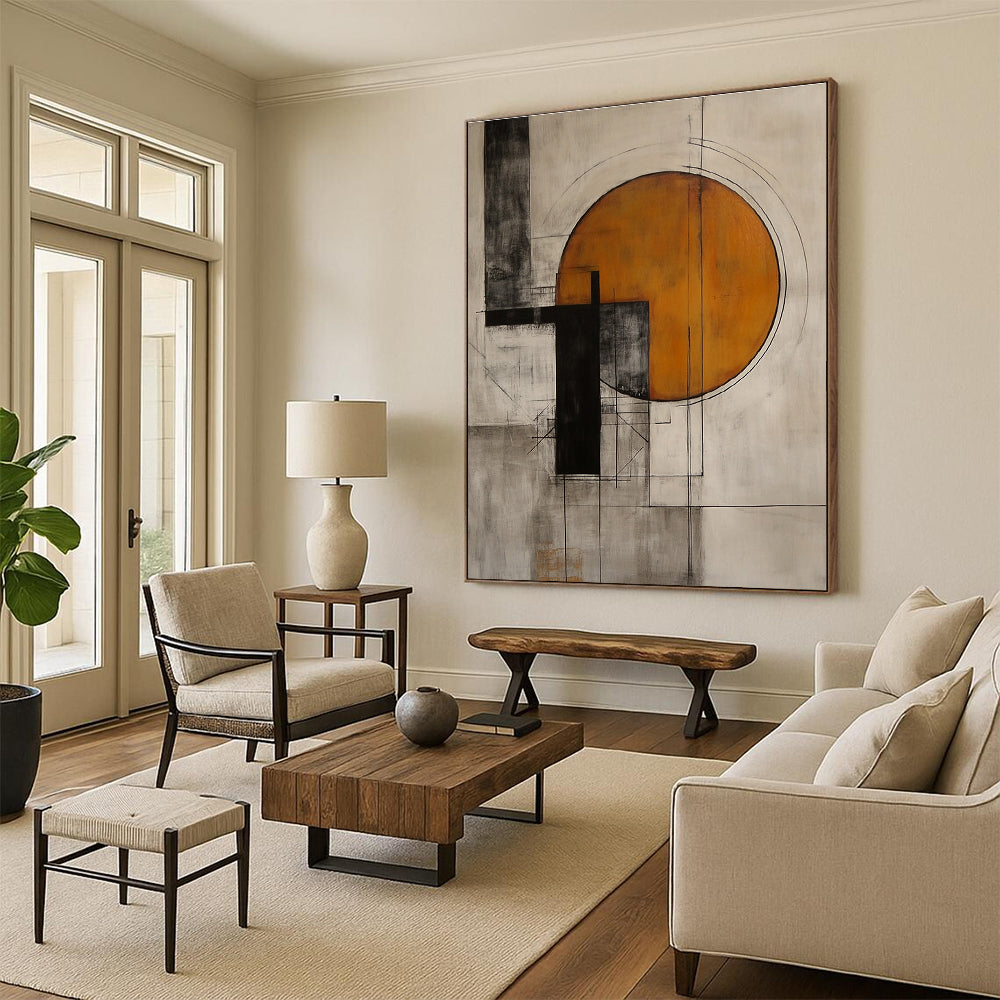 Geometric Abstract with Orange Circle Painting for Modern Offices GAB1131