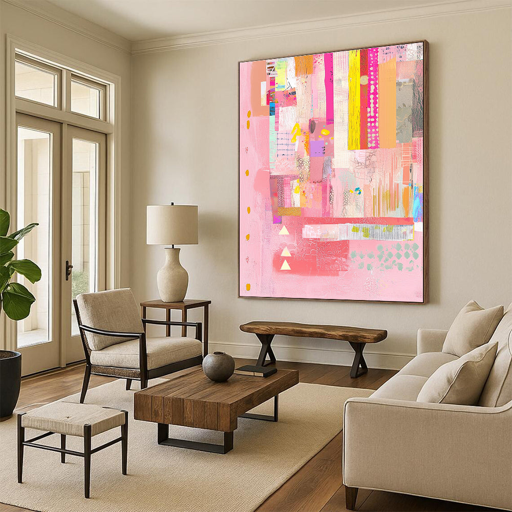 Pink Patchwork Collage Feminine Textile Abstract Painting GAB0244