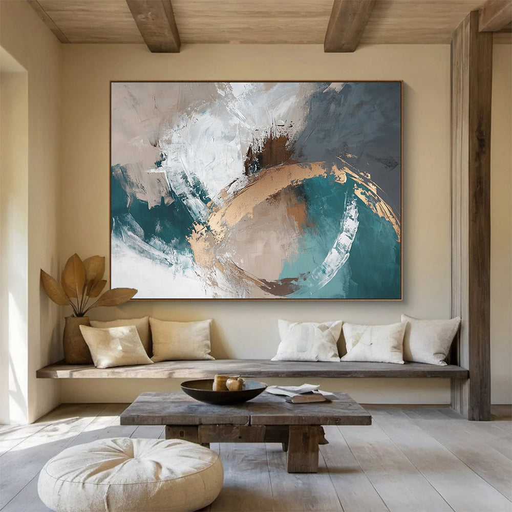 Beige, Teal and Gold Abstract Painting with Textured Layers ABS402