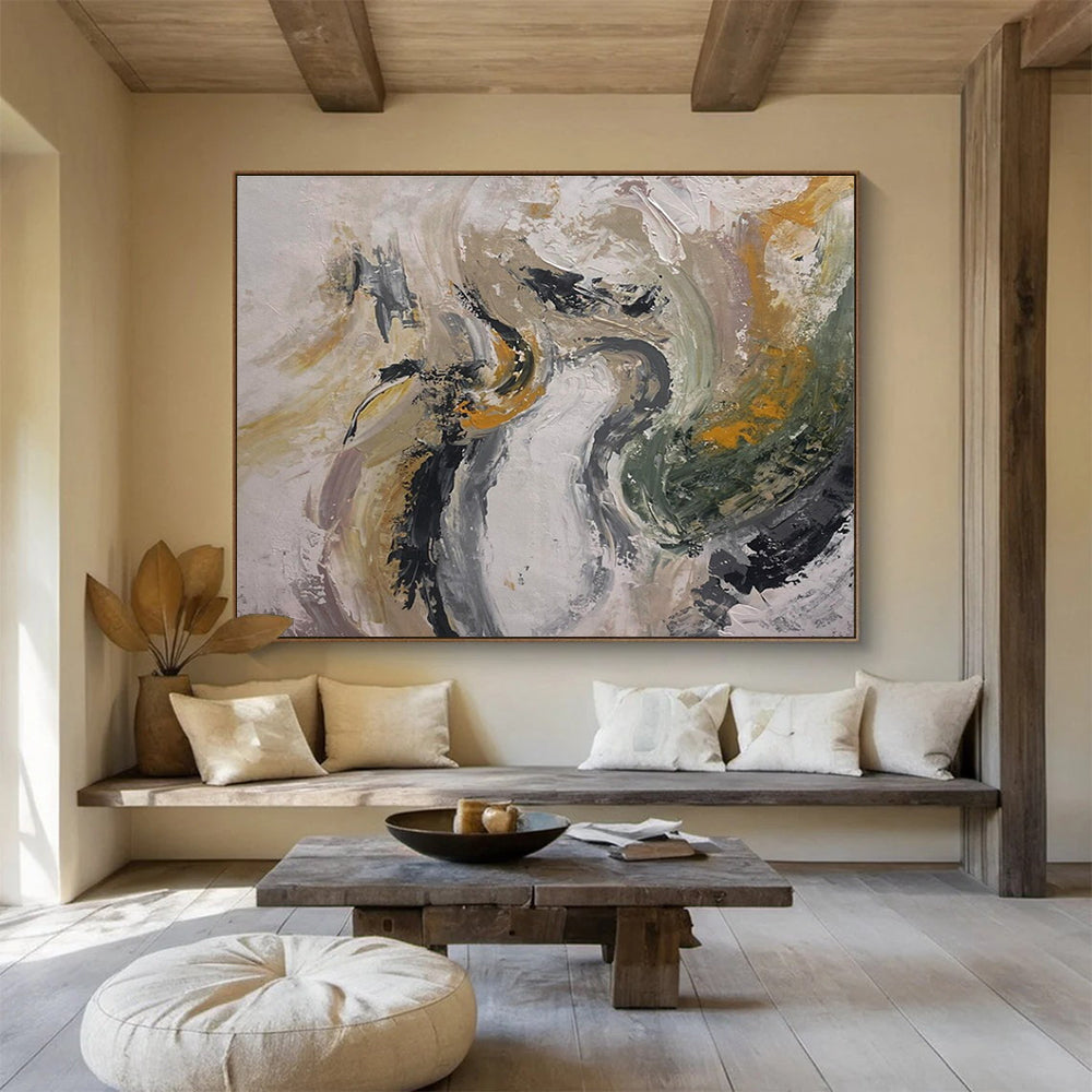 Gray - Gold - Green Abstract Painting for Modern Wellness Retreats YHT387