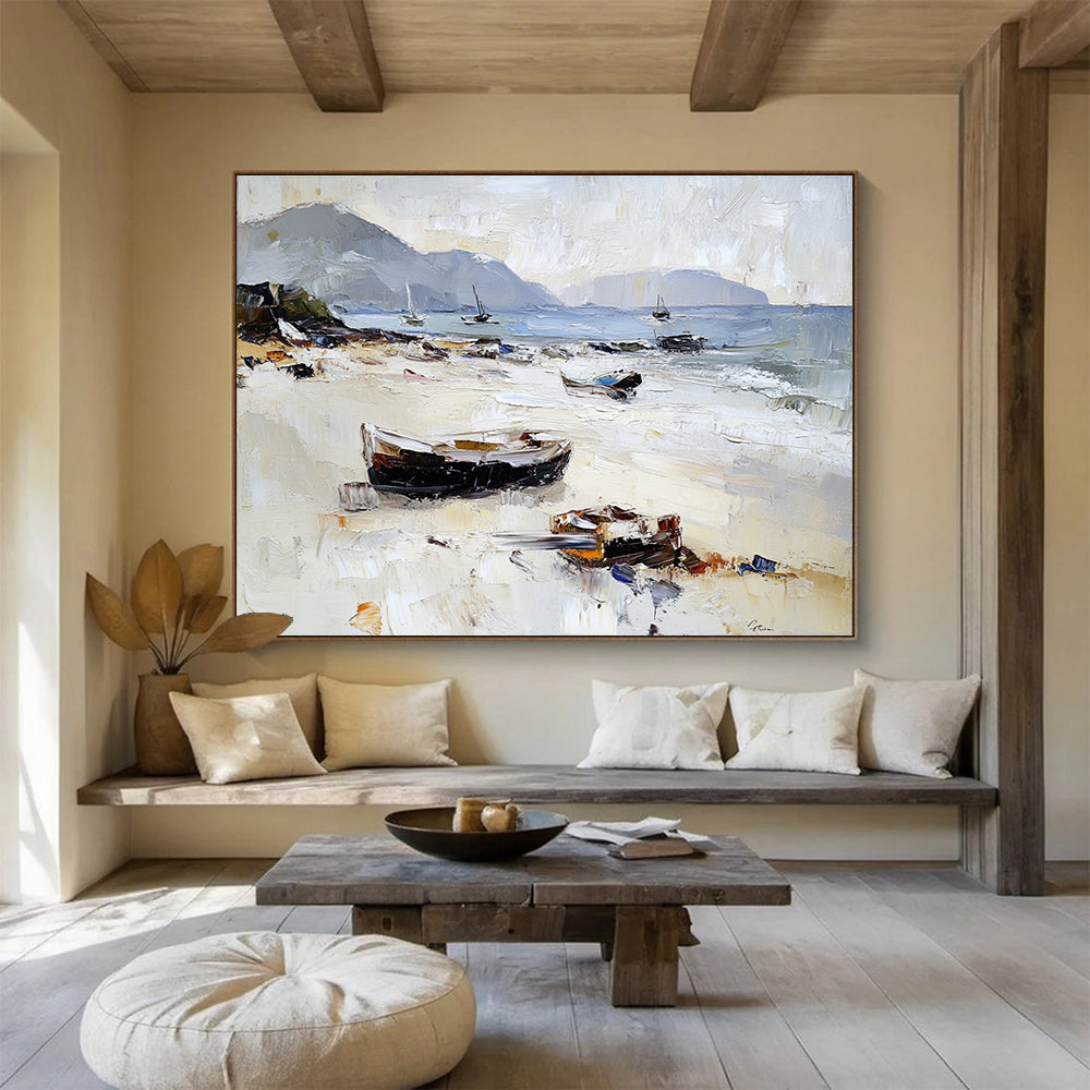 Beach with Beached Boats Abstract Painting with Casual Coastal Charm ABS602