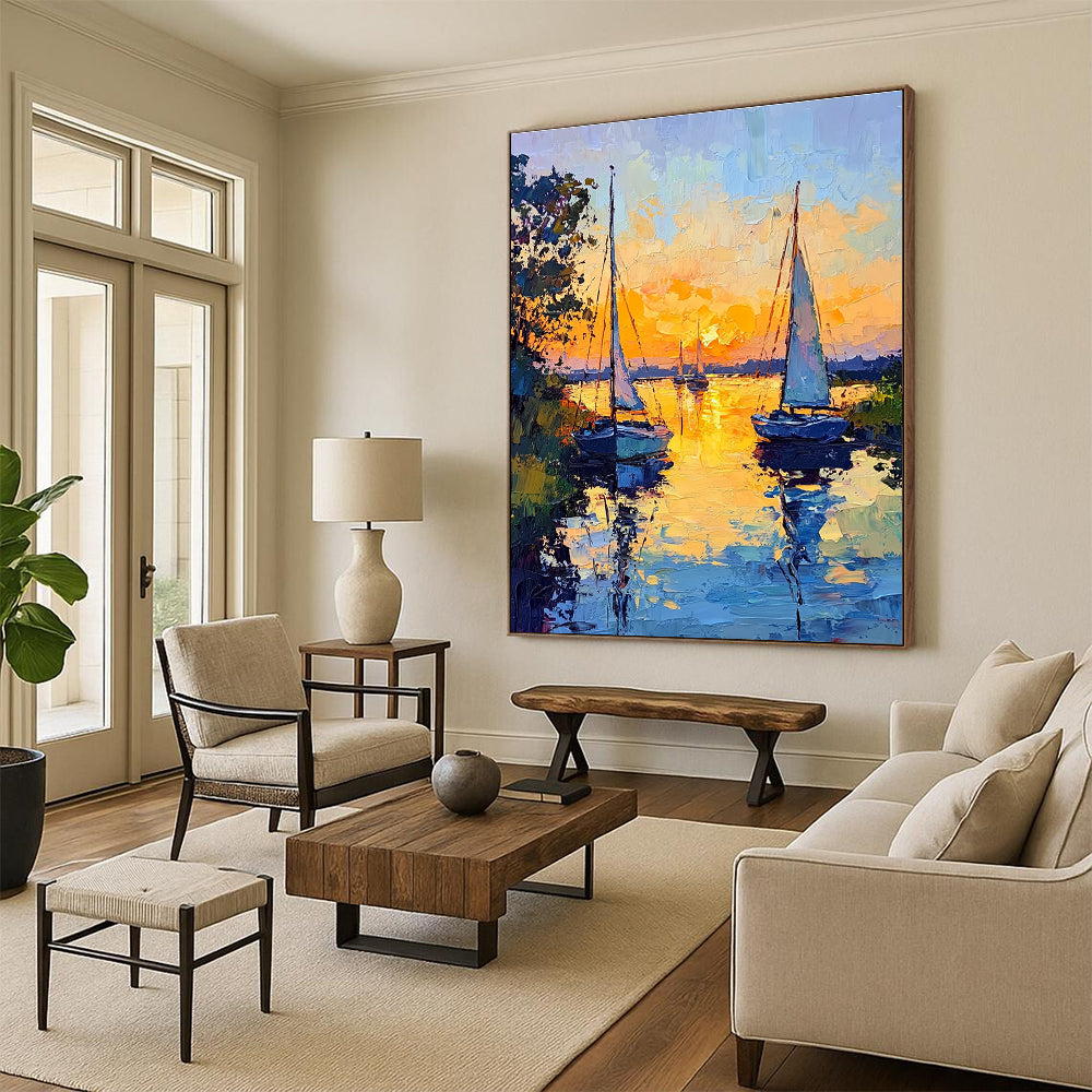 Sailboats at Sunset Impressionistic Abstract Painting for Coastal Homes GAB1438