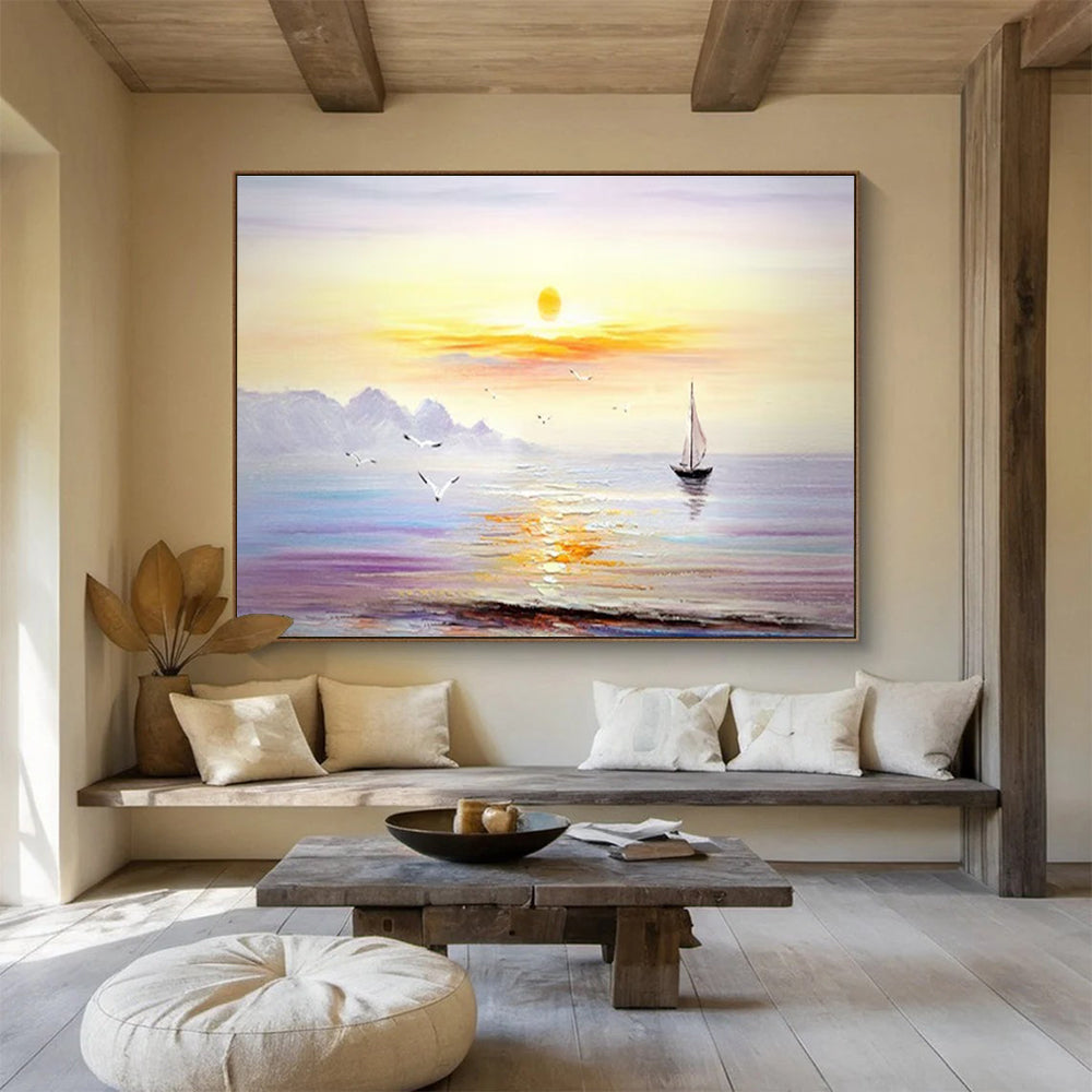 Serene Seaside Sunset Painting for Coastal Bedrooms YHT181