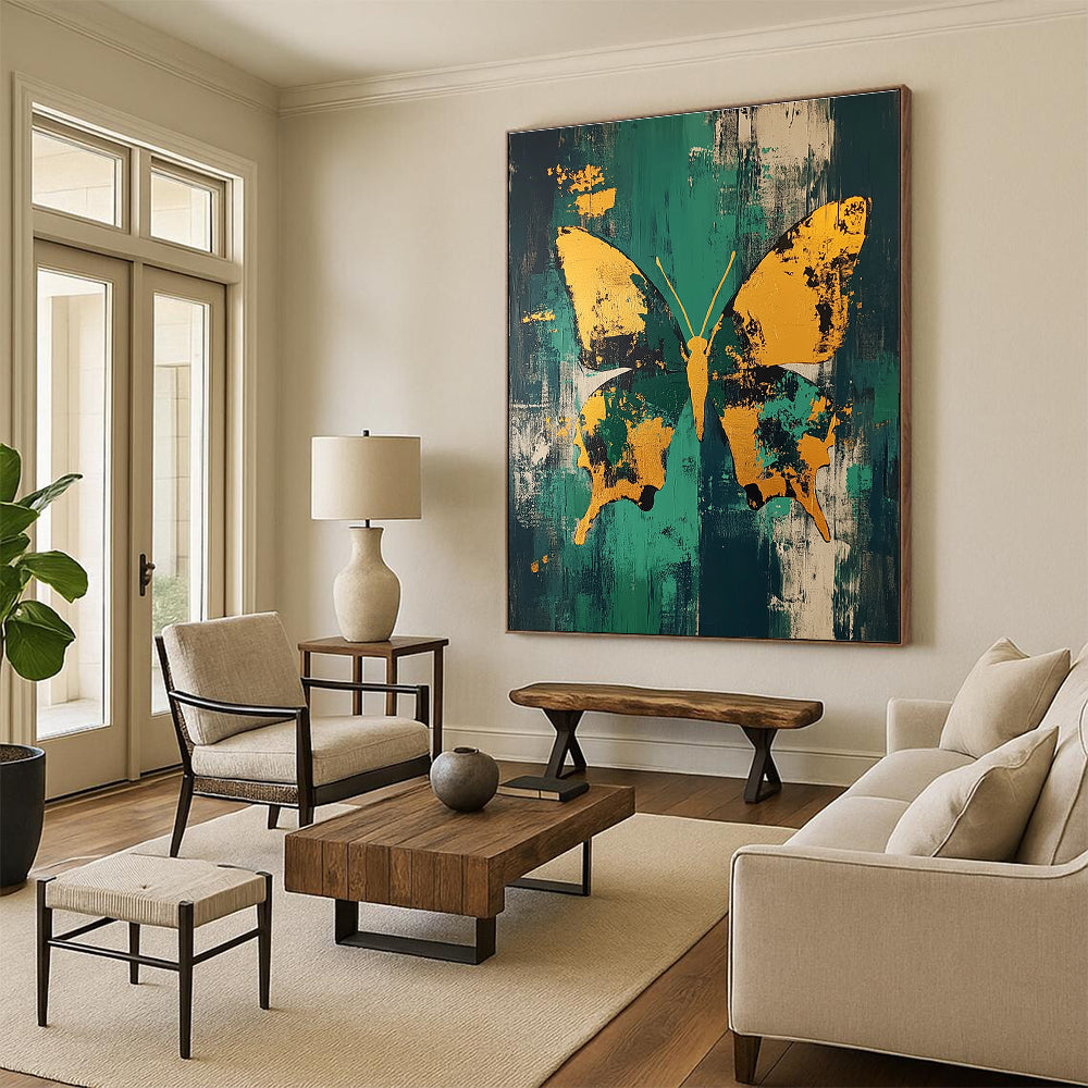 Golden Butterfly on Green Abstract Painting for Lively Interiors GAB0693