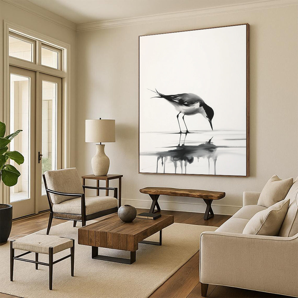 Graceful Bird Reflection Abstract Painting in Ink Wash Style GAB0023