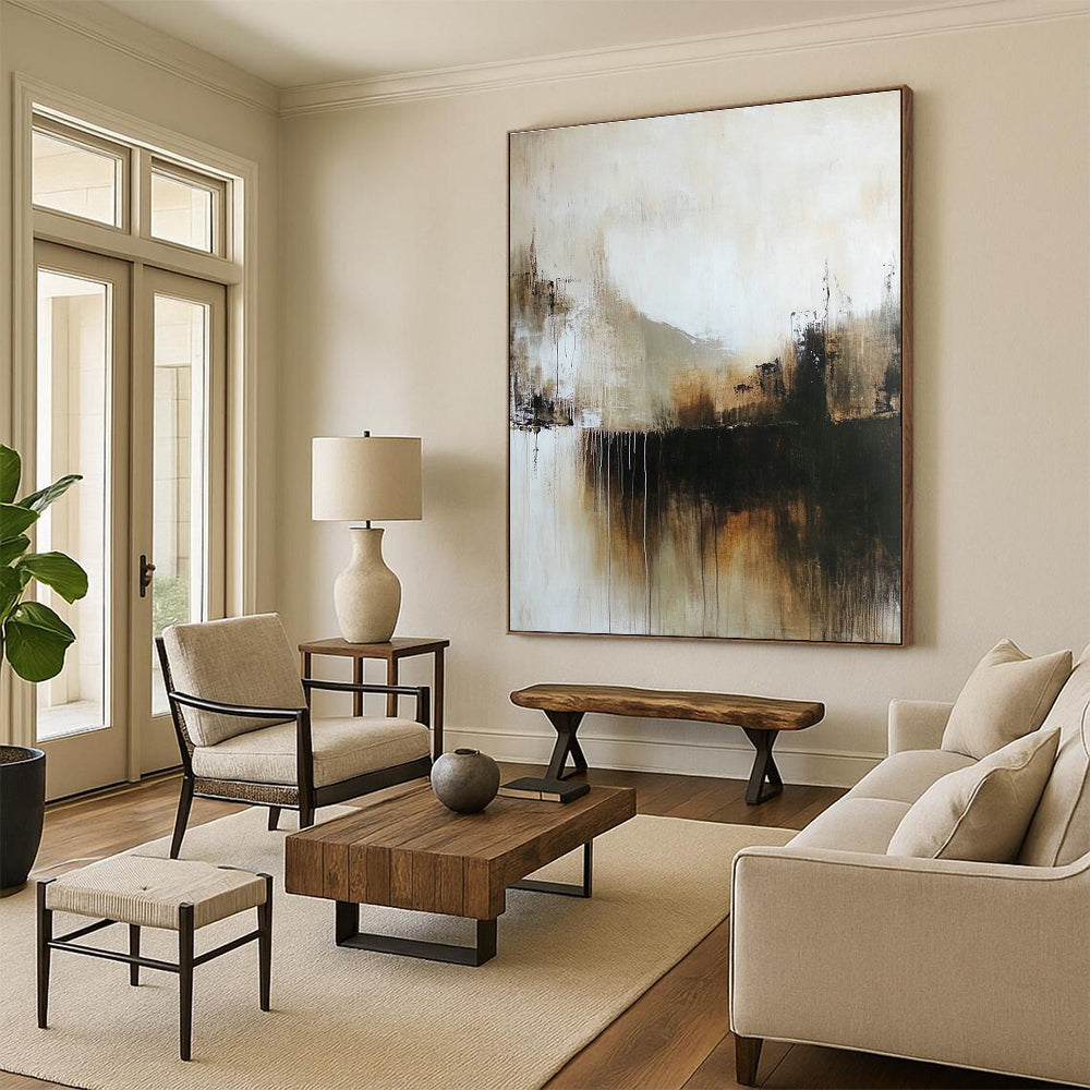 Beige and Black Drip Abstract Painting for Industrial - Styled Lofts GAB1094