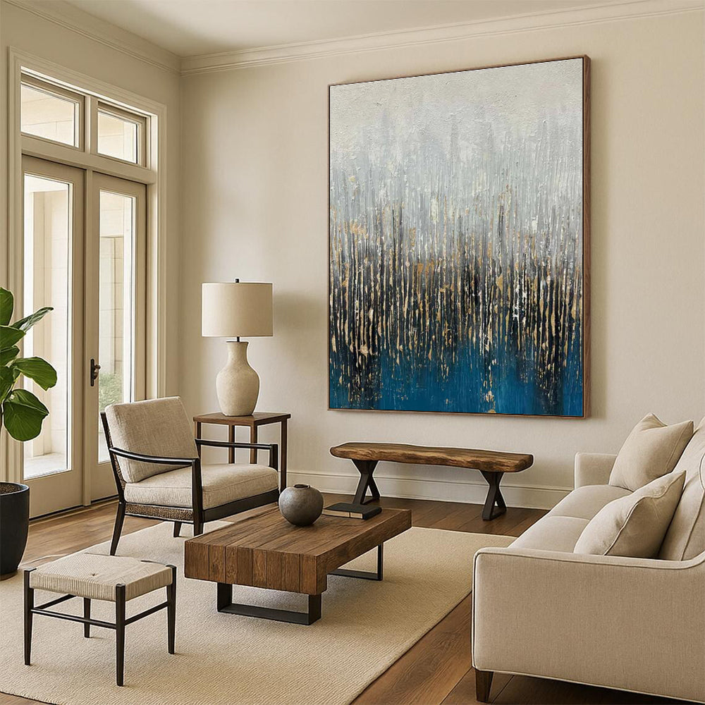 Gray - Blue - Gold Abstract Painting for Luxury Living Rooms HENG406