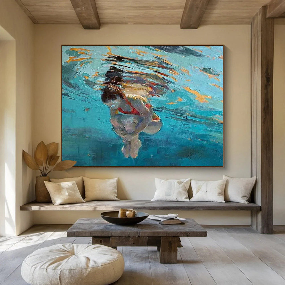 Underwater Swimmer Abstract Painting for Coastal Home Offices YHT247
