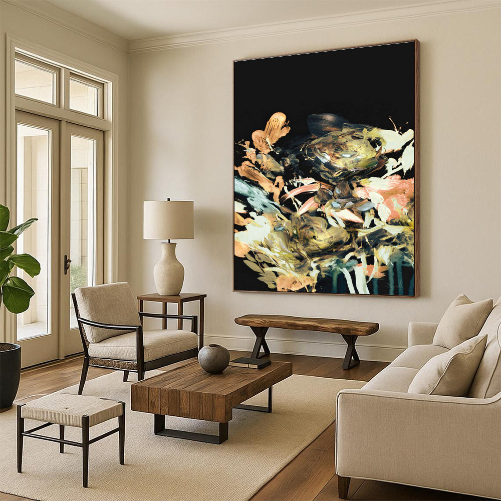 Colorful Floral Abstract on Black Painting for Luxury Home Dining Rooms HENG171