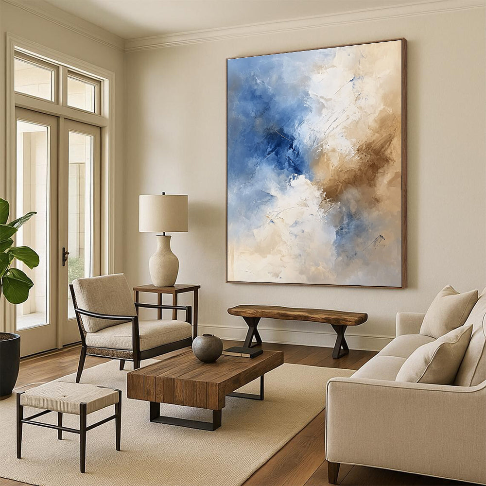 Blue and Beige Soft - Toned Abstract Painting for Serene Bedrooms GAB0880
