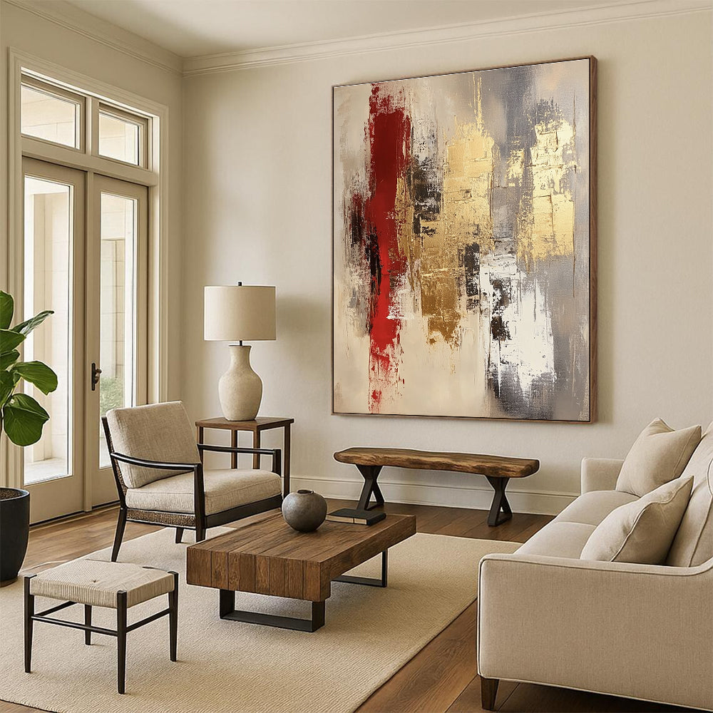 Gray Gold Red Abstract Painting with Opulent Contrasts WINK674