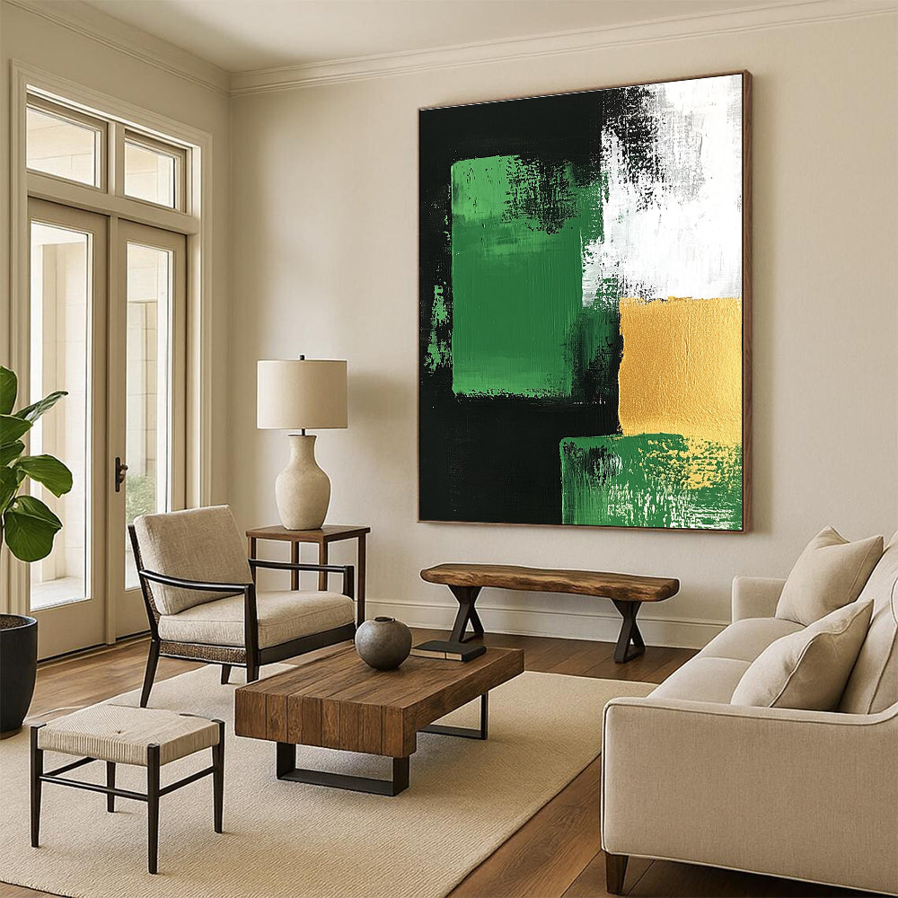 Green Gold Black Abstract Painting with Bold Geometry WINK678